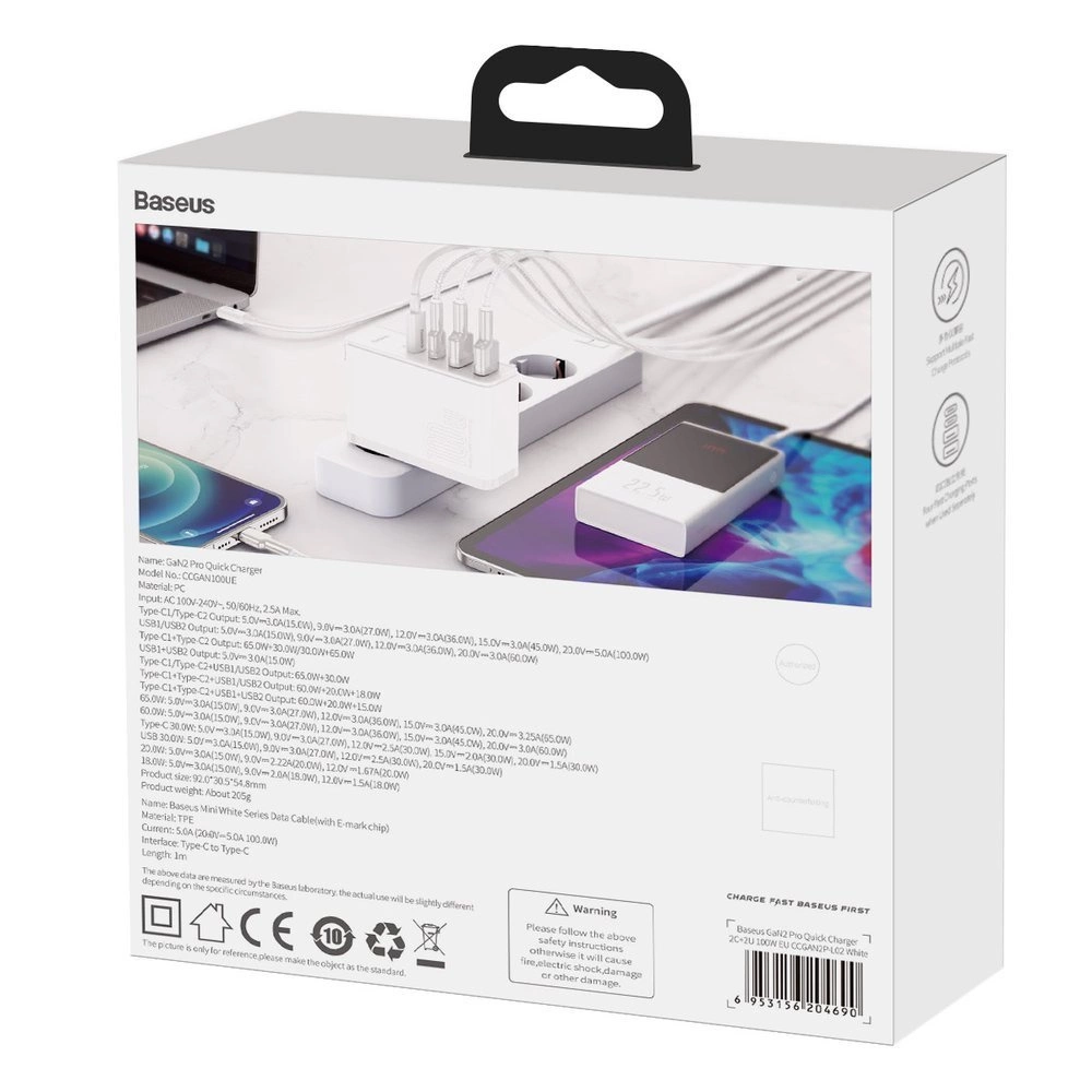 Baseus GaN2 Pro fast charger 100W USB / USB Type C Quick Charge 4+ Power Delivery white (CCGAN2P-L02)eng