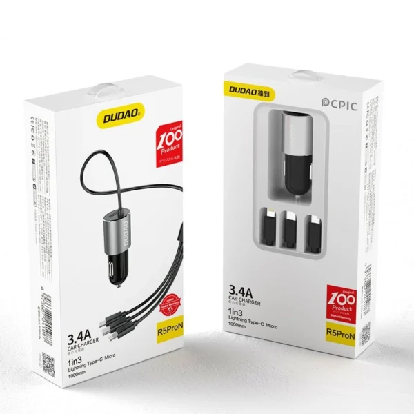 Dudao 3in1 USB car charger 3,4 A built-in cable Lightning / USB Type C / micro USB black (R5ProN black)eng