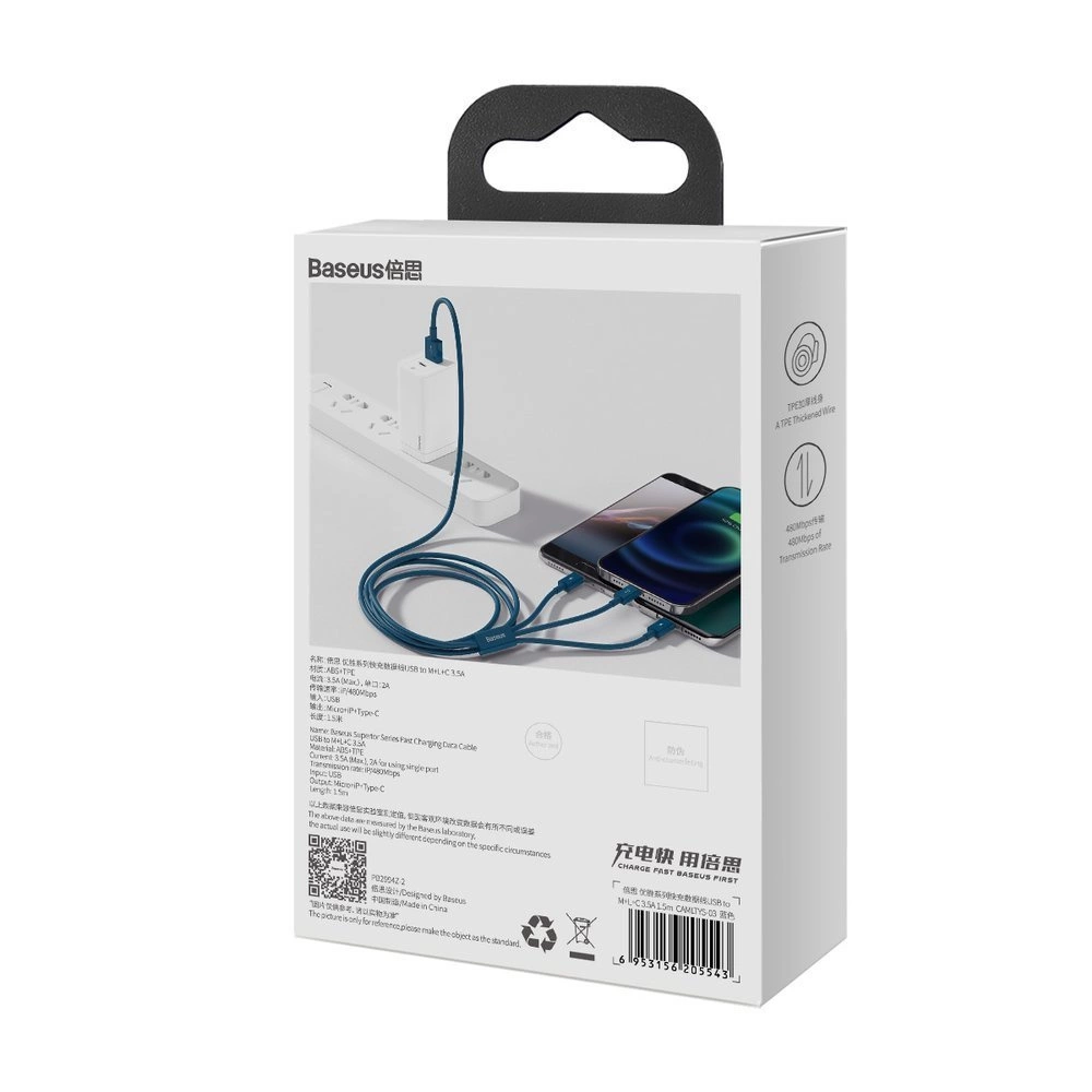 Baseus Superior 3in1 USB cable - Lightning / USB Type C / micro USB 3.5 A 1.5 m blue (CAMLTYS-03)eng