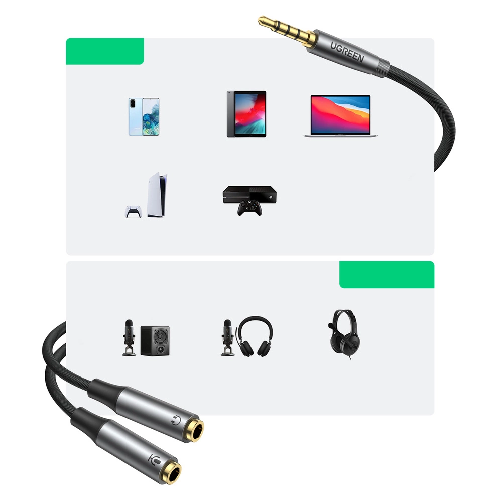 Ugreen AUX splitter for headphones and microphone 1 x male 3.5mm, 2 x female 3.5mm 20cm black (AV192 50254)eng