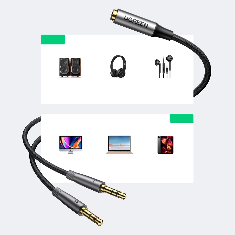 Ugreen AUX splitter cable 3.5 mm mini jack (female) - 2x 3.5 mm mini jack (male - microphone and headphones) silver (AV193 50255)eng