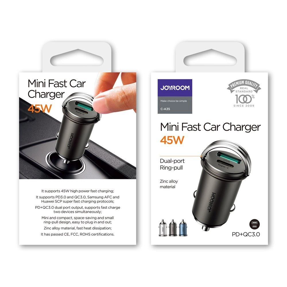 Joyroom fast car charger USB Type C / USB 45 W 5 A Power Delivery Quick Charge 3.0 AFC SCP gray (C-A35)eng