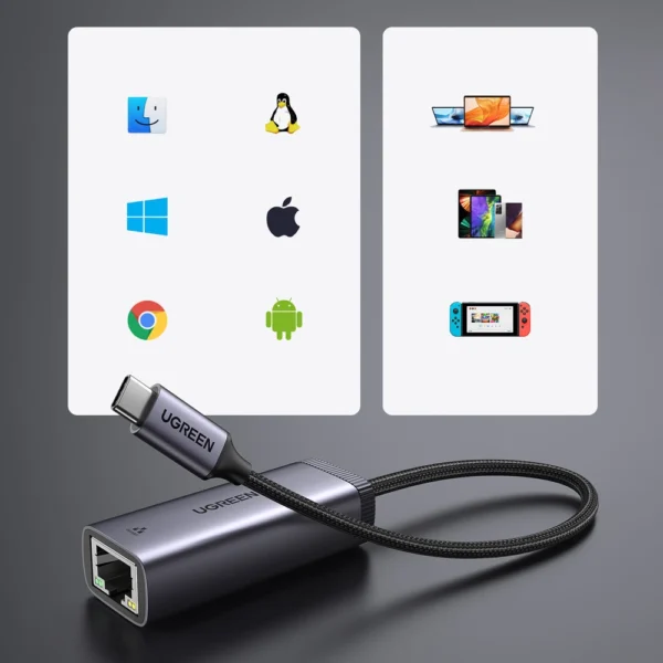Ugreen external USB Type C network adapter - RJ45 1Gbps (1000Mbps) gray (40322 CM483)eng