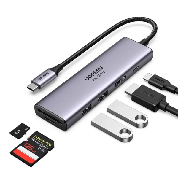 Ugreen 6in1 Multifunctional USB Type C HUB - 2x USB 3.2 Gen 1 / HDMI 4K 60Hz / SD and TF Card Reader / USB Type C PD 100W Gray (60384 CM511)eng