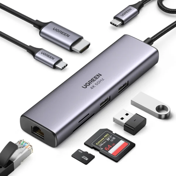 HUB 7in1 Ugreen CM512 USB-C / 2x USB-A 3.2 / HDMI 4K / SD TF reader / USB-C PD 100W / RJ45 - grayeng