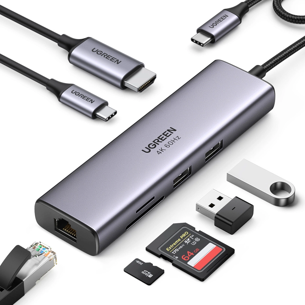 HUB 7in1 Ugreen CM512 USB-C / 2x USB-A 3.2 / HDMI 4K / SD TF reader / USB-C PD 100W / RJ45 - grayeng