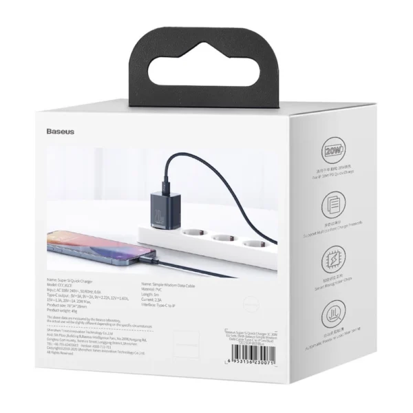Baseus Super Si 1C fast charger USB Type C 20W Power Delivery + USB Type C - Lightning cable 1m blue (TZCCSUP-B03)eng