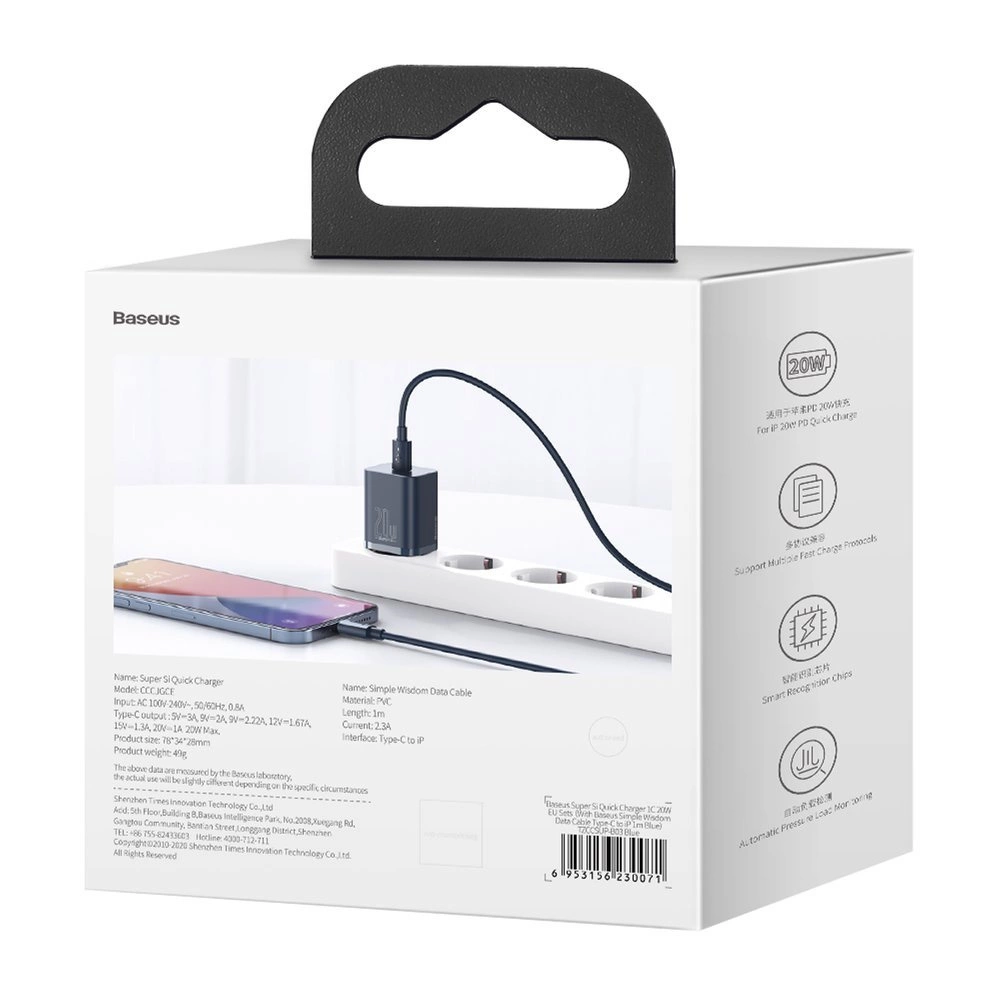 Baseus Super Si 1C fast charger USB Type C 20W Power Delivery + USB Type C - Lightning cable 1m blue (TZCCSUP-B03)eng
