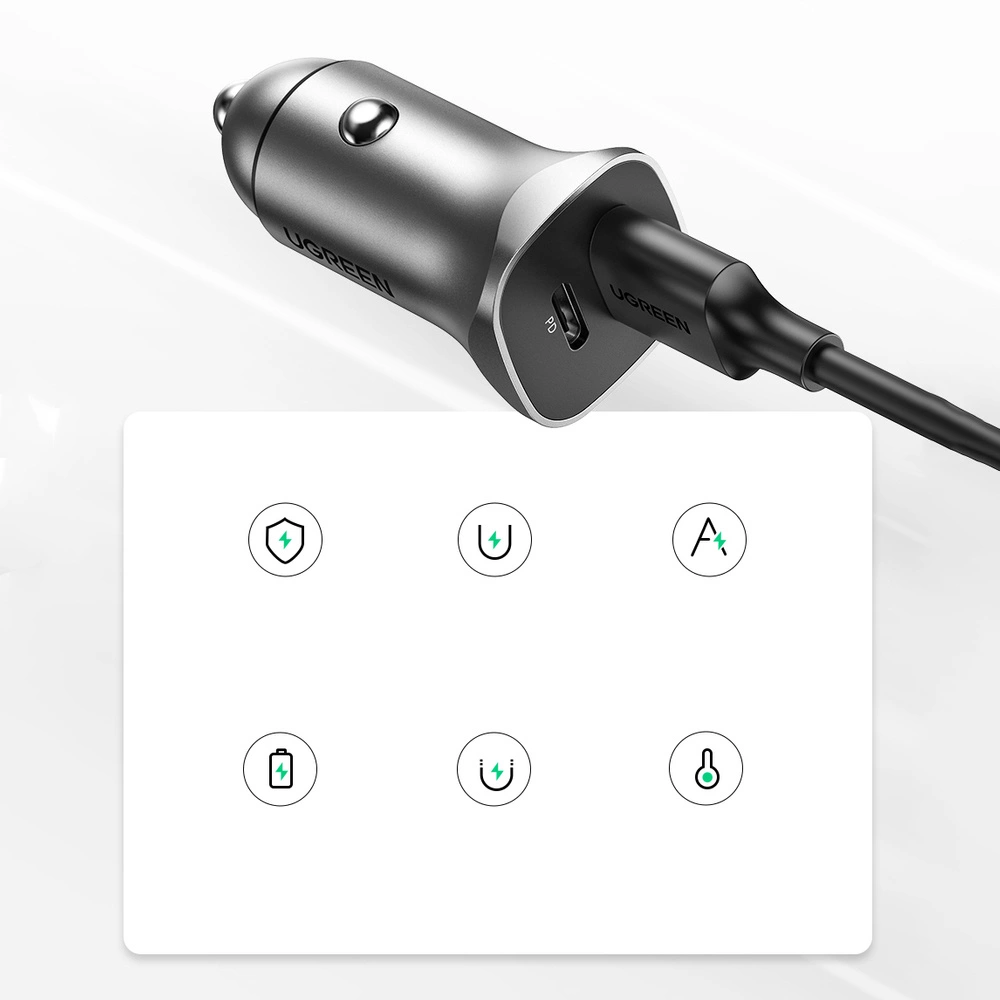 Ugreen Car Charger USB Type C / USB 24W Power Delivery Quick Charge Gray (30780)eng
