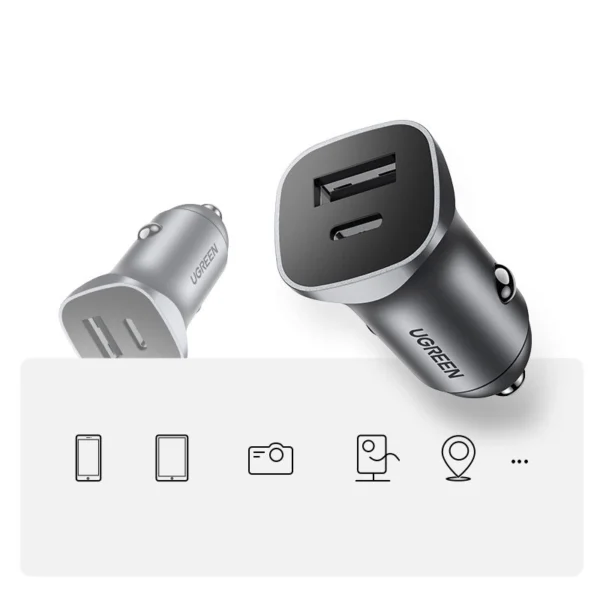 Ugreen Car Charger USB Type C / USB 24W Power Delivery Quick Charge Gray (30780)eng