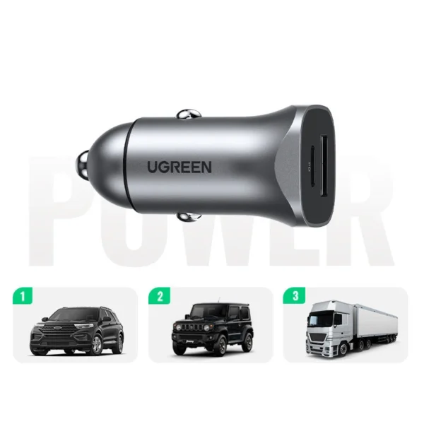 Ugreen Car Charger USB Type C / USB 24W Power Delivery Quick Charge Gray (30780)eng