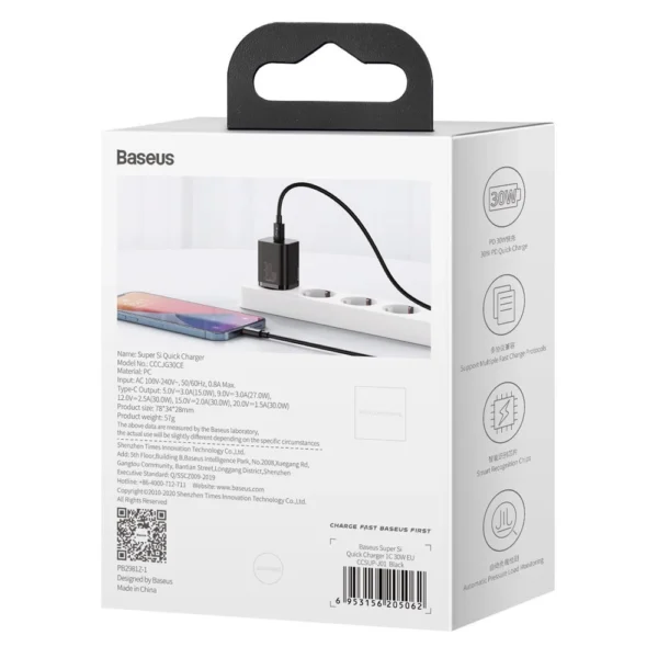 Baseus Super Si 1C fast charger USB Type C 30W Power Delivery Quick Charge black (CCSUP-J01)eng