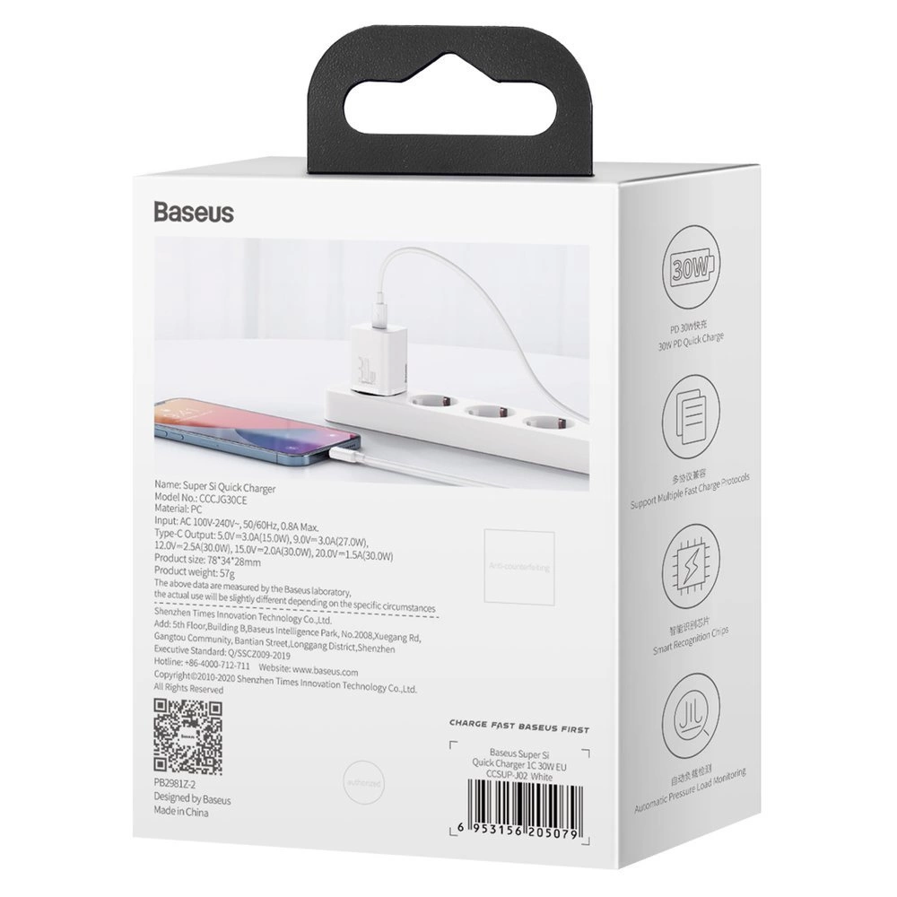 Baseus Super Si 1C fast charger USB Type C 30W Power Delivery Quick Charge white (CCSUP-J02)eng