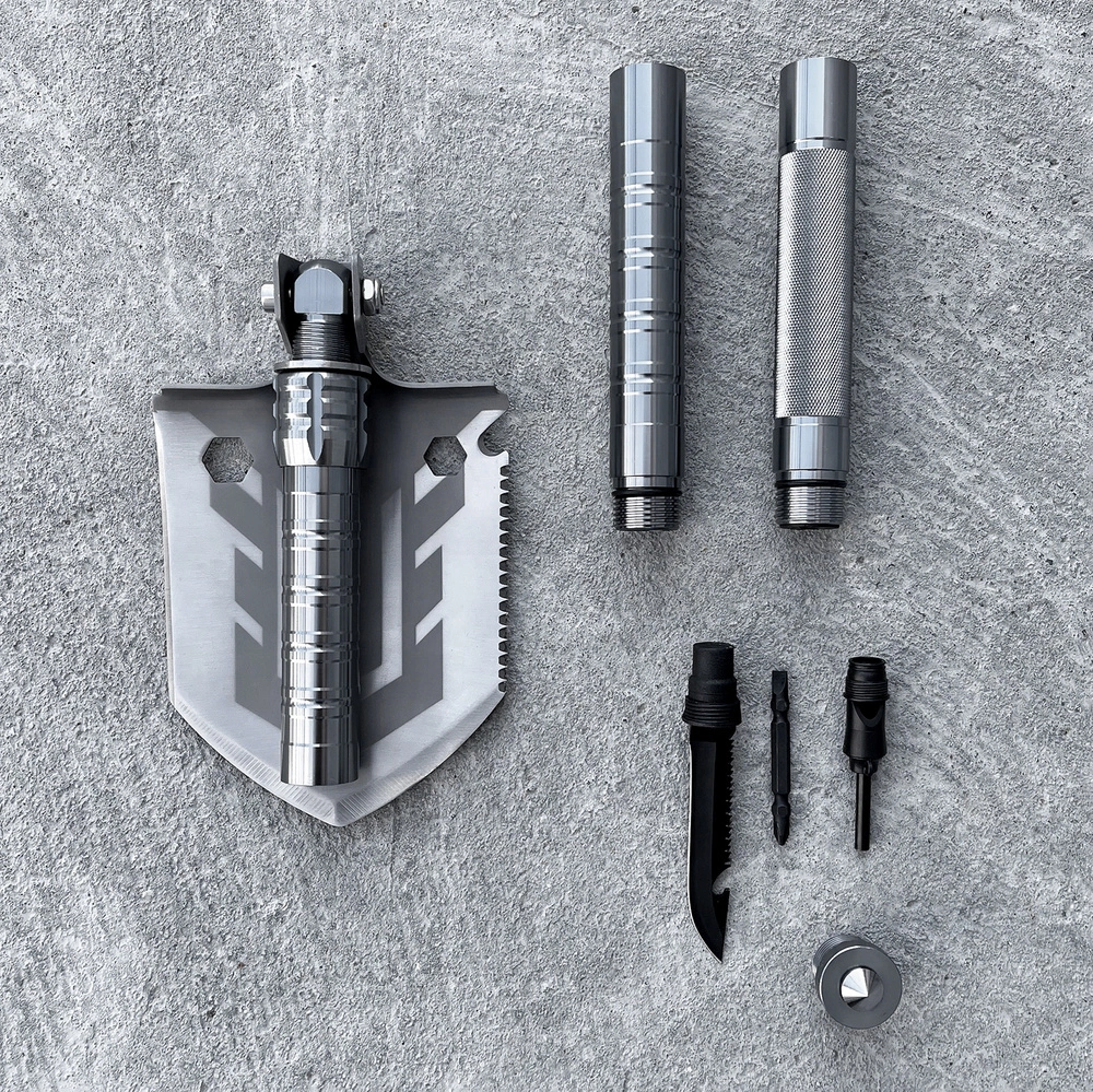 Survival shovel 10-in-1 folding shovel with knife, screwdriver, glass breakereng