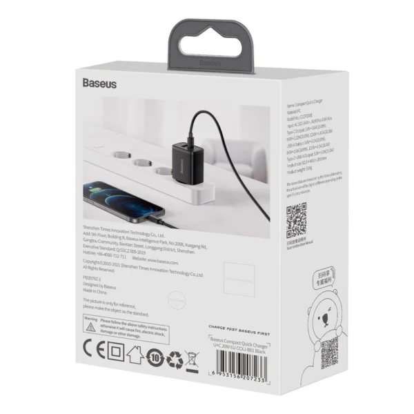 Baseus Compact fast charger USB / USB Type C 20W 3A Power Delivery Quick Charge 3.0 black (CCXJ-B01)eng