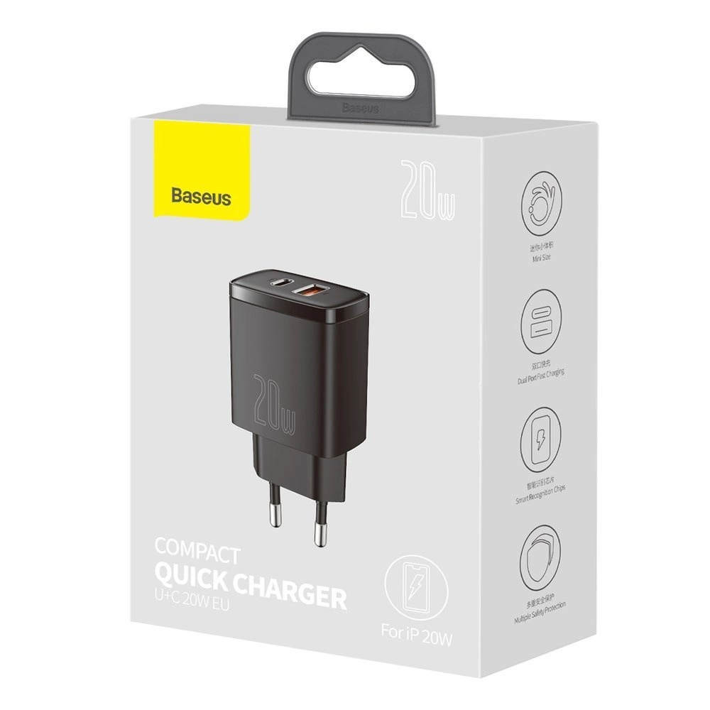 Baseus Compact fast charger USB / USB Type C 20W 3A Power Delivery Quick Charge 3.0 black (CCXJ-B01)eng