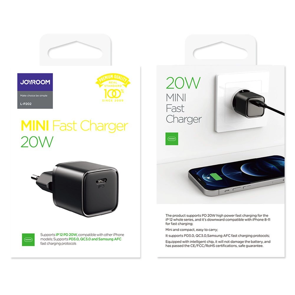 Joyroom fast wall charger USB Type C 20W Power Delivery Quick Charge 3.0 AFC black (L-P202)eng