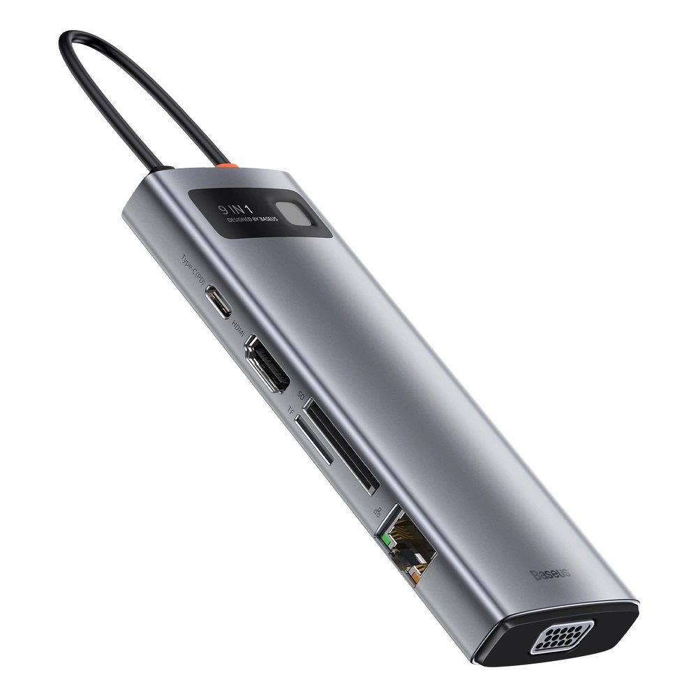Baseus Metal Gleam 9in1 multifunctional USB Type C HUB - 3x USB 3.2 Gen 1 5Gbps / USB Type C PD 100W / VGA Full HD 60Hz / HDMI 4K 30Hz / TF and SD card reader / RJ45 1Gbps gray (CAHUB-CU0G)eng