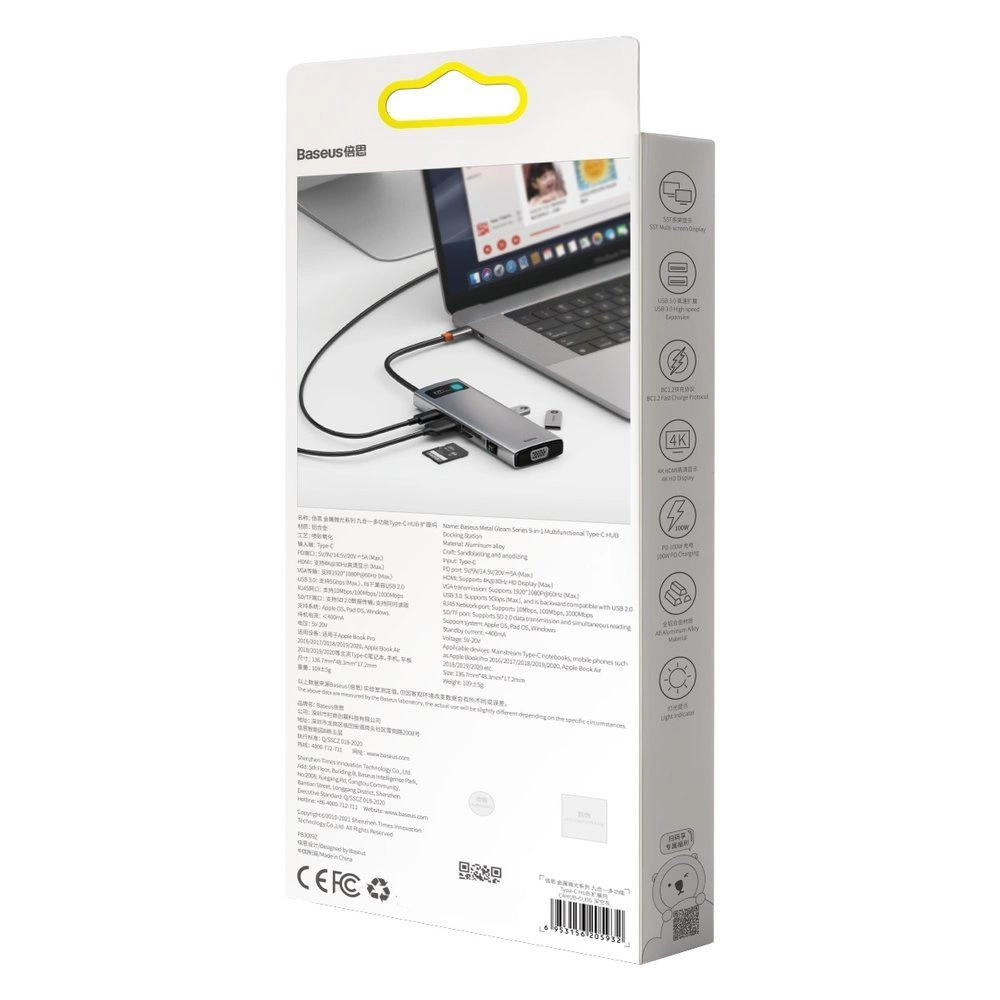Baseus Metal Gleam 9in1 multifunctional USB Type C HUB - 3x USB 3.2 Gen 1 5Gbps / USB Type C PD 100W / VGA Full HD 60Hz / HDMI 4K 30Hz / TF and SD card reader / RJ45 1Gbps gray (CAHUB-CU0G)eng