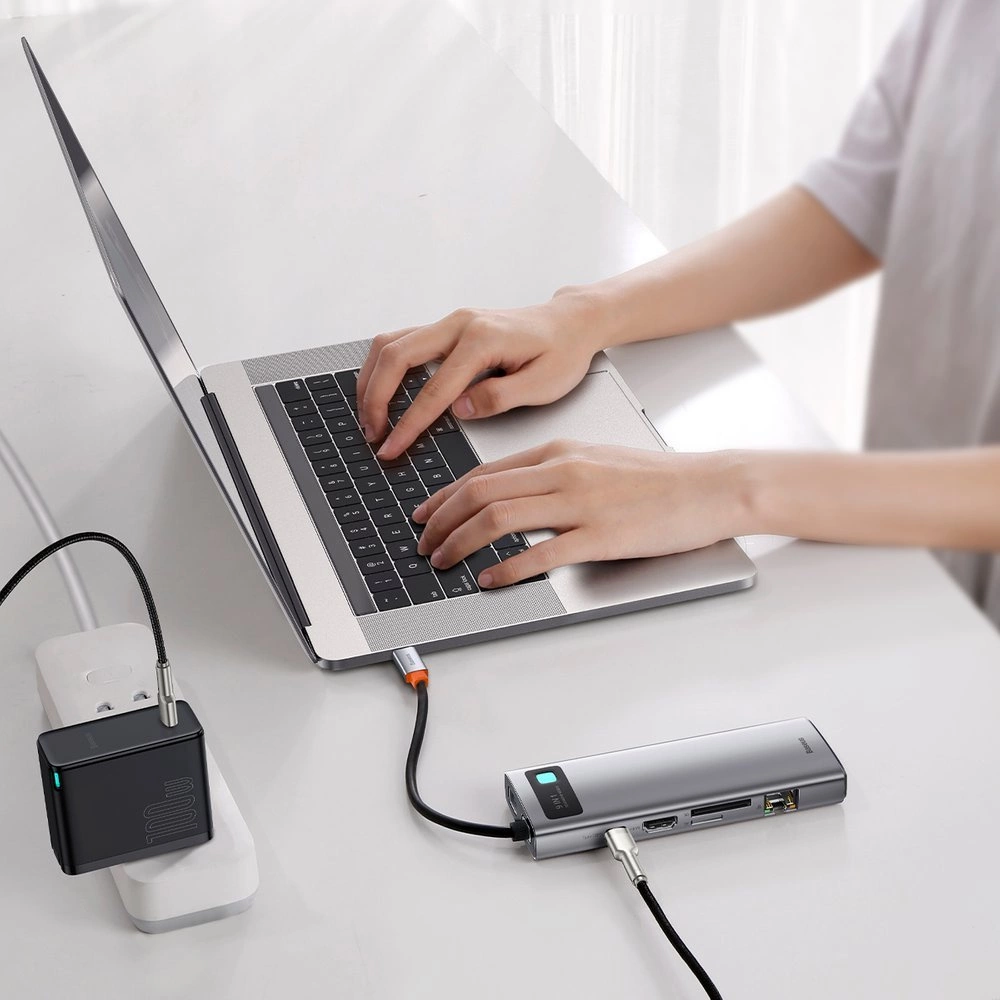 Baseus Metal Gleam 9in1 multifunctional USB Type C HUB - 3x USB 3.2 Gen 1 5Gbps / USB Type C PD 100W / VGA Full HD 60Hz / HDMI 4K 30Hz / TF and SD card reader / RJ45 1Gbps gray (CAHUB-CU0G)eng