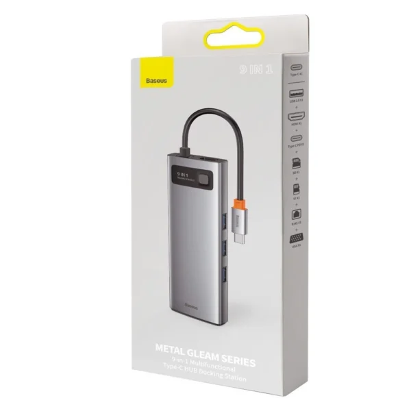 Baseus Metal Gleam 9in1 multifunctional USB Type C HUB - 3x USB 3.2 Gen 1 5Gbps / USB Type C PD 100W / VGA Full HD 60Hz / HDMI 4K 30Hz / TF and SD card reader / RJ45 1Gbps gray (CAHUB-CU0G)eng