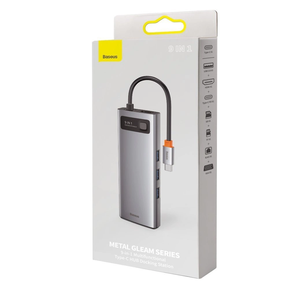 Baseus Metal Gleam 9in1 multifunctional USB Type C HUB - 3x USB 3.2 Gen 1 5Gbps / USB Type C PD 100W / VGA Full HD 60Hz / HDMI 4K 30Hz / TF and SD card reader / RJ45 1Gbps gray (CAHUB-CU0G)eng