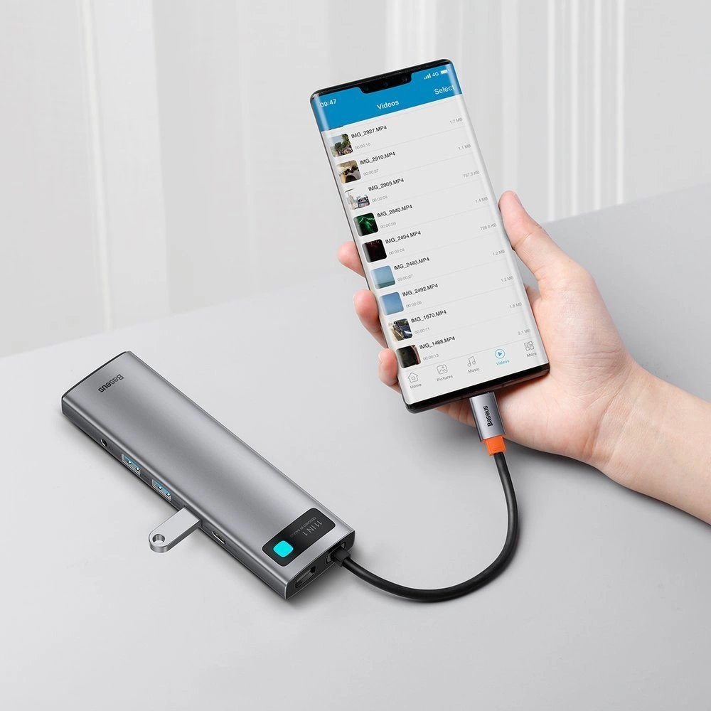 Baseus Metal Gleam 11in1 multifunctional USB Type C HUB - 3x USB 3.2 Gen 1 5Gbps / USB Type C PD 100W / 3.5 mm mini jack AUX / VGA Full HD 60Hz / 2x HDMI 4K 30Hz / TF and SD card reader / RJ45 1Gbps gray (CAHUB-CT0G)eng