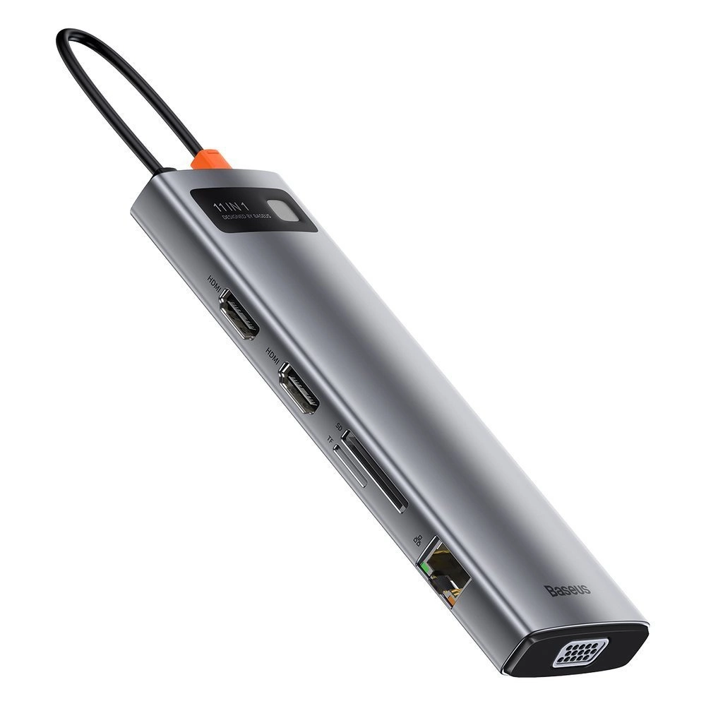Baseus Metal Gleam 11in1 multifunctional USB Type C HUB - 3x USB 3.2 Gen 1 5Gbps / USB Type C PD 100W / 3.5 mm mini jack AUX / VGA Full HD 60Hz / 2x HDMI 4K 30Hz / TF and SD card reader / RJ45 1Gbps gray (CAHUB-CT0G)eng