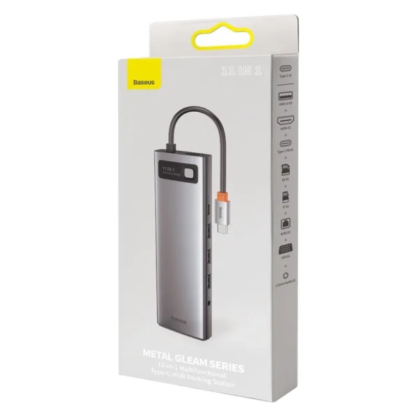 Baseus Metal Gleam 11in1 multifunctional USB Type C HUB - 3x USB 3.2 Gen 1 5Gbps / USB Type C PD 100W / 3.5 mm mini jack AUX / VGA Full HD 60Hz / 2x HDMI 4K 30Hz / TF and SD card reader / RJ45 1Gbps gray (CAHUB-CT0G)eng