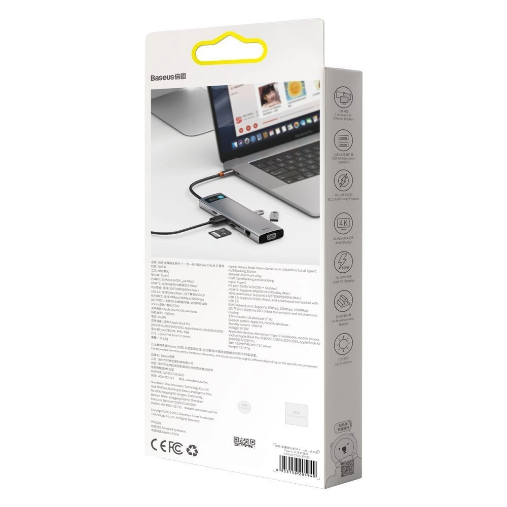 Baseus Metal Gleam 11in1 multifunctional USB Type C HUB - 3x USB 3.2 Gen 1 5Gbps / USB Type C PD 100W / 3.5 mm mini jack AUX / VGA Full HD 60Hz / 2x HDMI 4K 30Hz / TF and SD card reader / RJ45 1Gbps gray (CAHUB-CT0G)eng