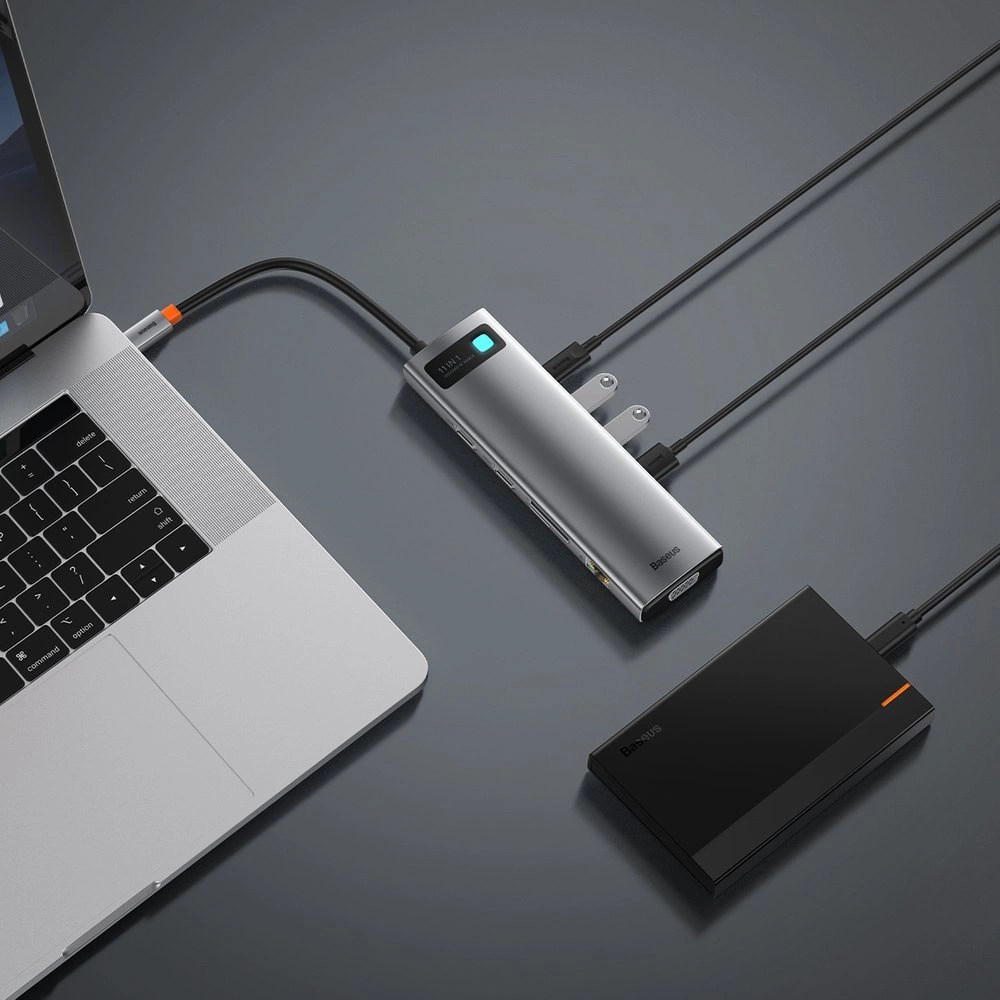 Baseus Metal Gleam 11in1 multifunctional USB Type C HUB - 3x USB 3.2 Gen 1 5Gbps / USB Type C PD 100W / 3.5 mm mini jack AUX / VGA Full HD 60Hz / 2x HDMI 4K 30Hz / TF and SD card reader / RJ45 1Gbps gray (CAHUB-CT0G)eng