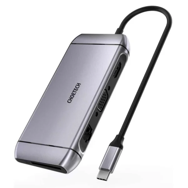 Choetech 9in1 multifunctional USB Type C HUB - 3x USB 3.2 Gen 1 / SD and TF memory card reader / HDMI 4K 30Hz / VGA Full HD 60Hz / USB Type C / RJ45 gray (HUB-M15 gray)eng