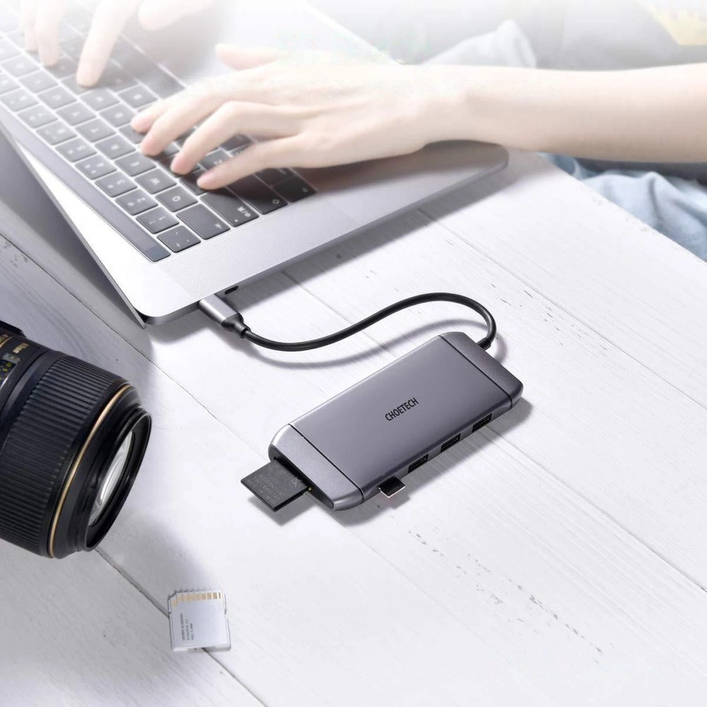 Choetech 9in1 multifunctional USB Type C HUB - 3x USB 3.2 Gen 1 / SD and TF memory card reader / HDMI 4K 30Hz / VGA Full HD 60Hz / USB Type C / RJ45 gray (HUB-M15 gray)eng
