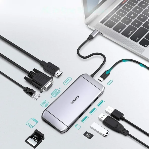 Choetech 9in1 multifunctional USB Type C HUB - 3x USB 3.2 Gen 1 / SD and TF memory card reader / HDMI 4K 30Hz / VGA Full HD 60Hz / USB Type C / RJ45 gray (HUB-M15 gray)eng