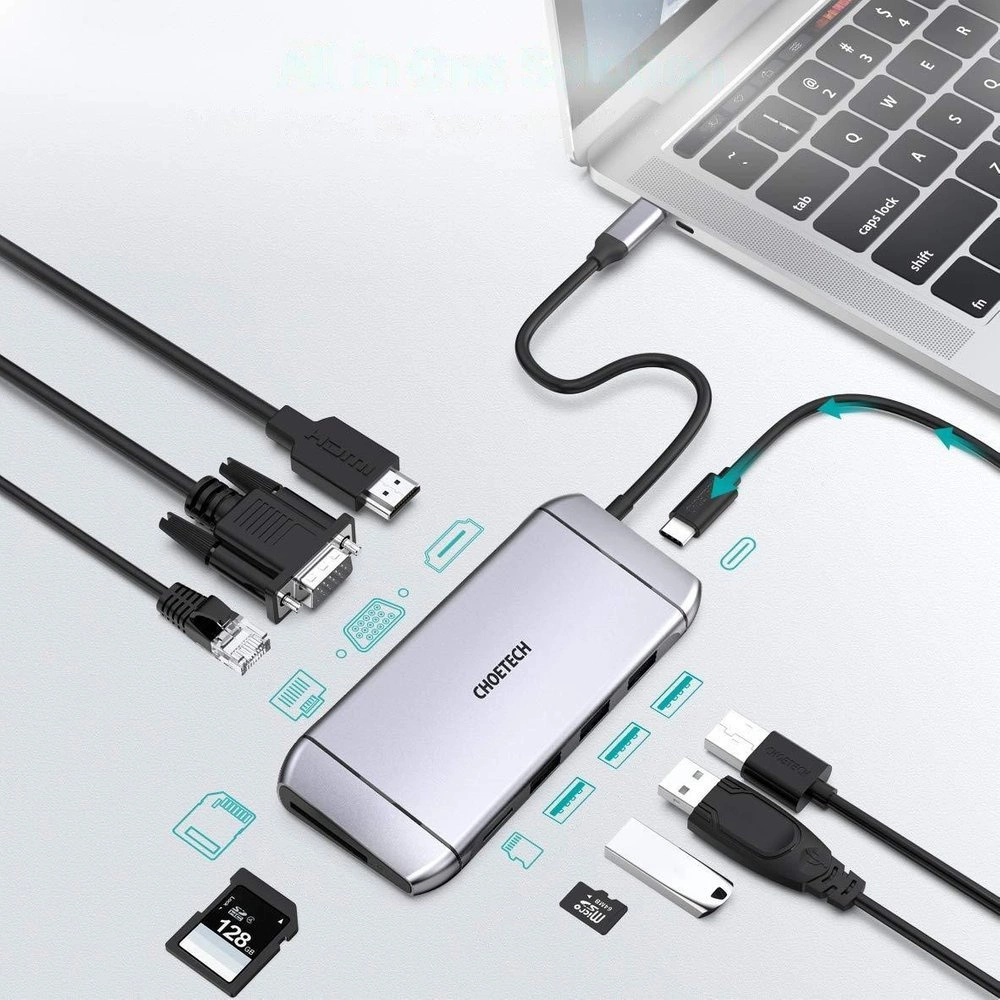 Choetech 9in1 multifunctional USB Type C HUB - 3x USB 3.2 Gen 1 / SD and TF memory card reader / HDMI 4K 30Hz / VGA Full HD 60Hz / USB Type C / RJ45 gray (HUB-M15 gray)eng