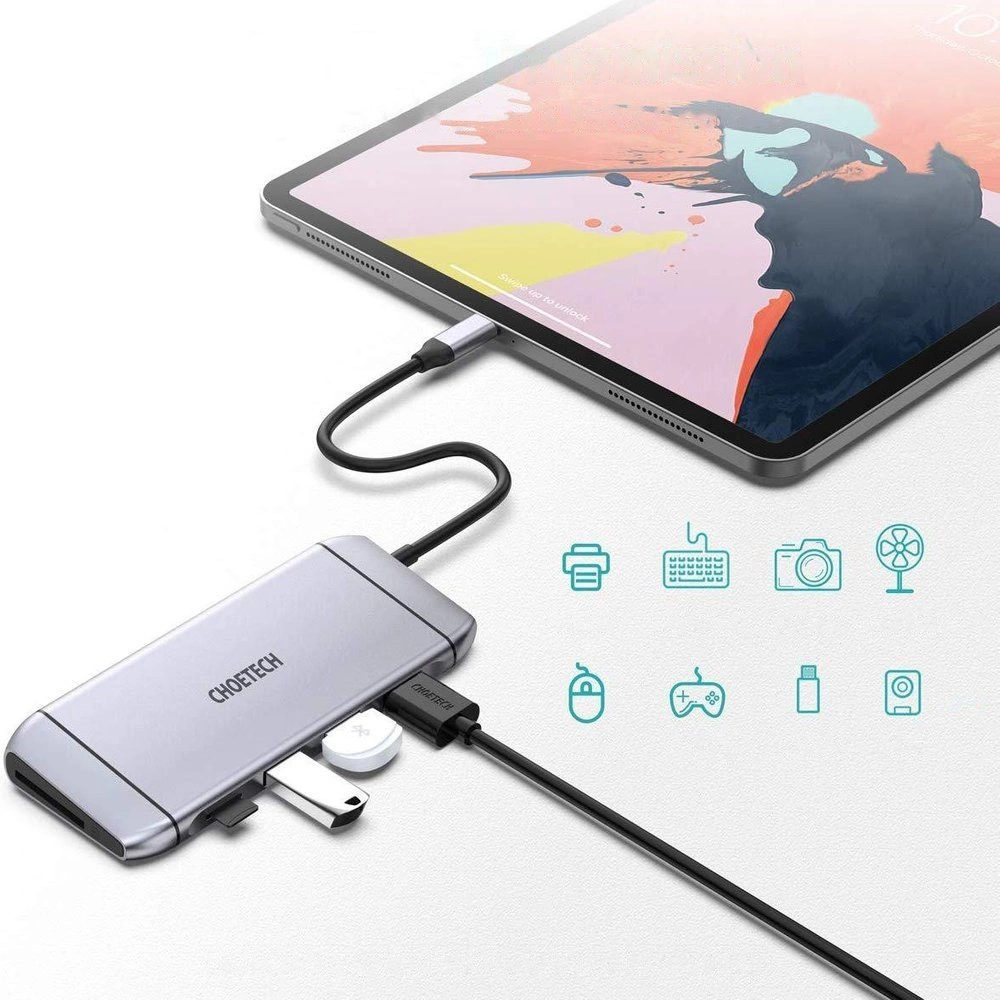 Choetech 9in1 multifunctional USB Type C HUB - 3x USB 3.2 Gen 1 / SD and TF memory card reader / HDMI 4K 30Hz / VGA Full HD 60Hz / USB Type C / RJ45 gray (HUB-M15 gray)eng