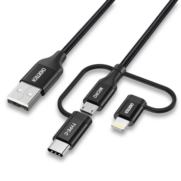 Choetech 3in1 MFI cable USB - USB Type C / micro USB / Lightning (charging 3A / data transmission 480 Mbps) 1.2m black (IP0030-BK)eng