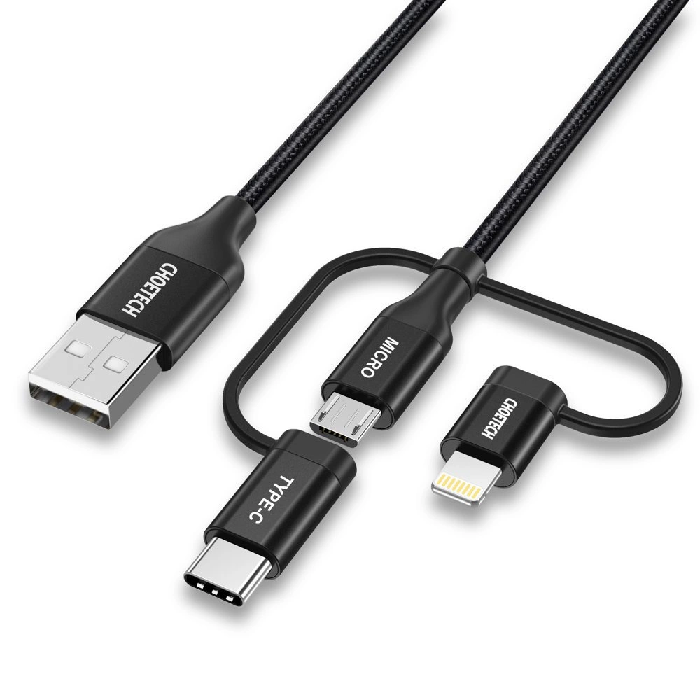 Choetech 3in1 MFI cable USB - USB Type C / micro USB / Lightning (charging 3A / data transmission 480 Mbps) 1.2m black (IP0030-BK)eng