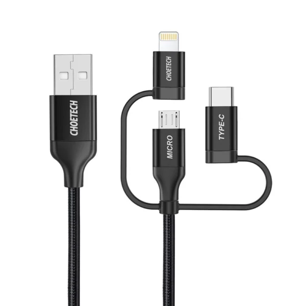 Choetech 3in1 MFI cable USB - USB Type C / micro USB / Lightning (charging 3A / data transmission 480 Mbps) 1.2m black (IP0030-BK)eng