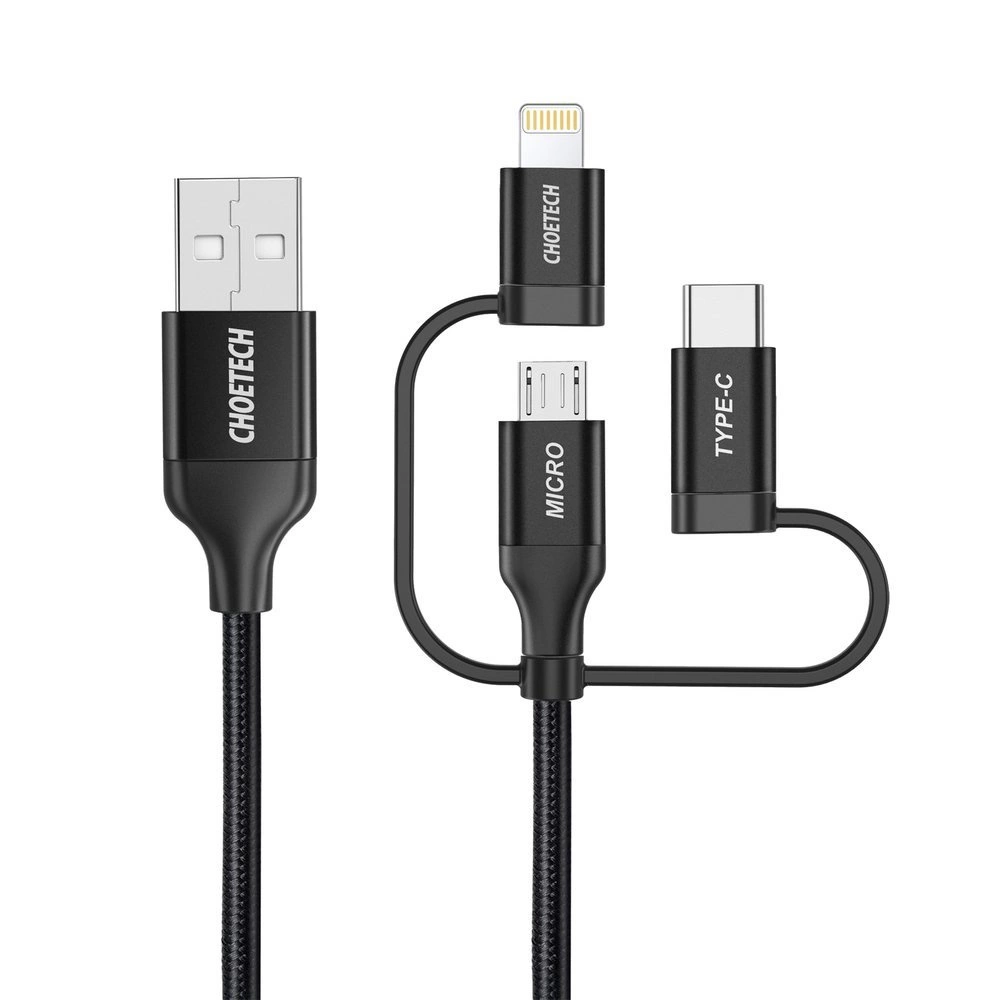 Choetech 3in1 MFI cable USB - USB Type C / micro USB / Lightning (charging 3A / data transmission 480 Mbps) 1.2m black (IP0030-BK)eng