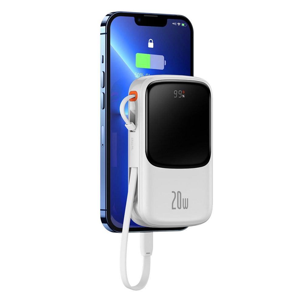 BASEUS powerbank 10 000 mAh with built-in cable Lightning + cable USB A to Type C PD QC3.0 3A 20W PPQD020002 white