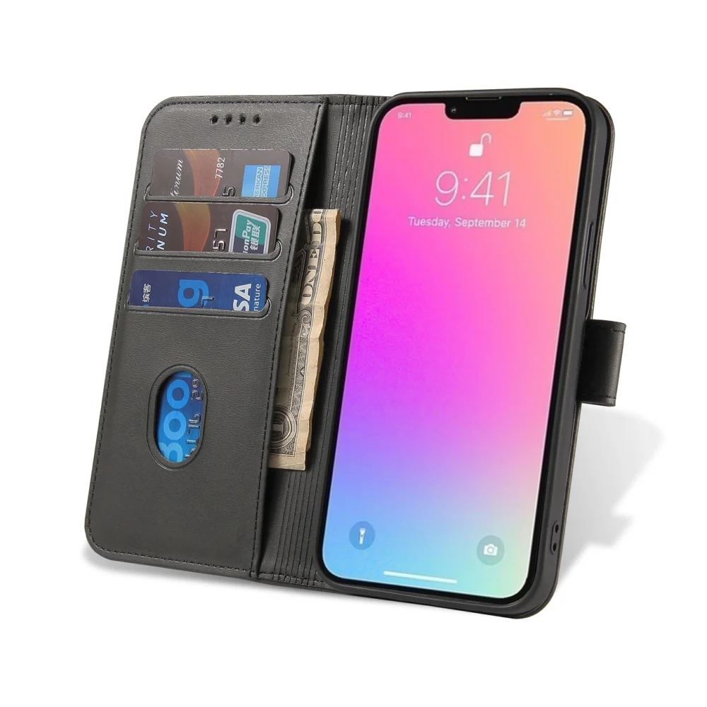 Magnet Case elegant bookcase type case with kickstand for iPhone 13 Pro blackeng