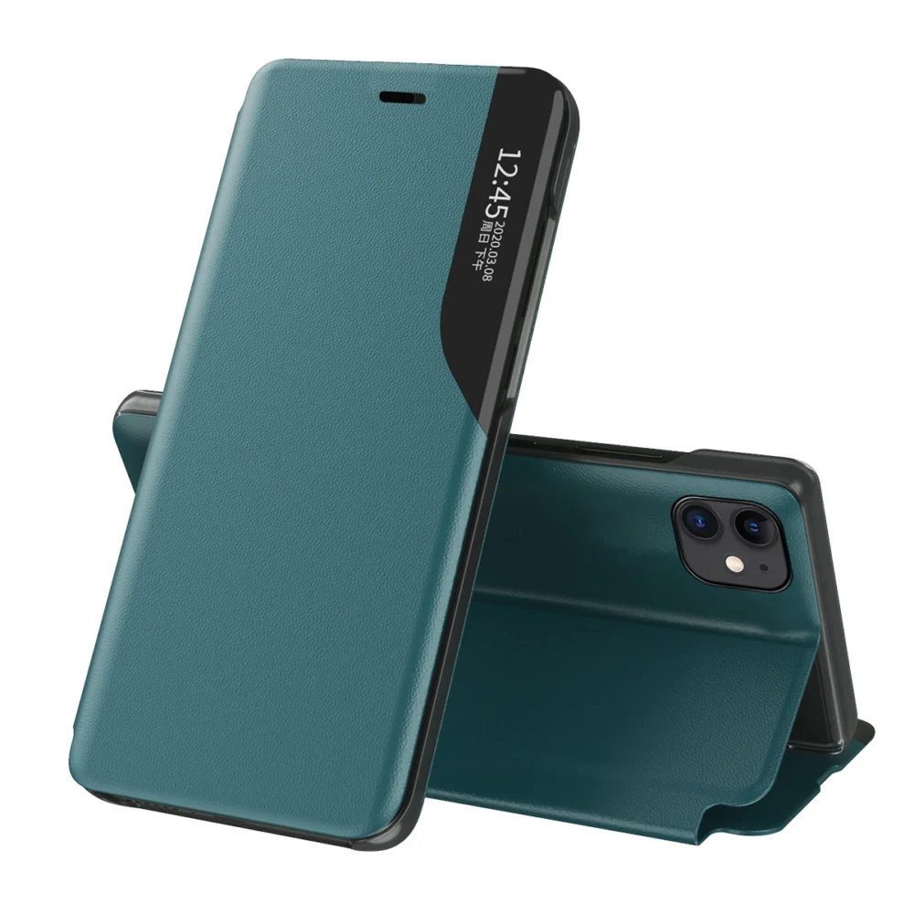 Eco Leather View Case elegant bookcase type case with kickstand for iPhone 13 Pro greeneng