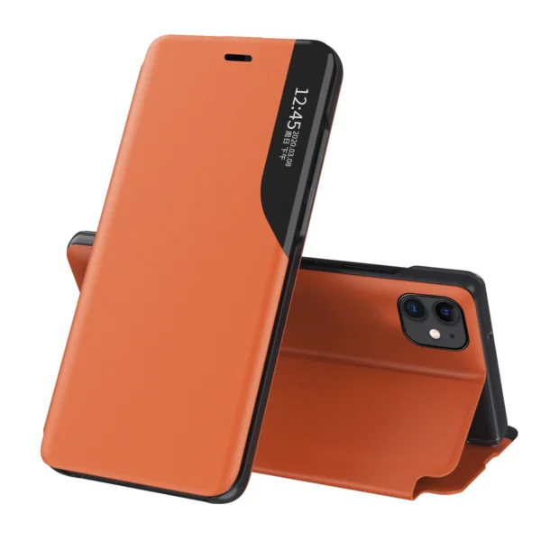 Eco Leather View Case elegant bookcase type case with kickstand for iPhone 13 Pro orangeeng