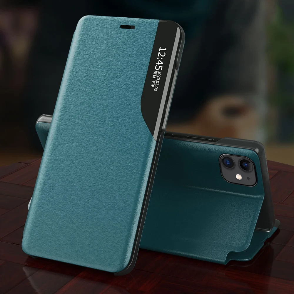 Eco Leather View Case elegant bookcase type case with kickstand for iPhone 13 Pro orangeeng