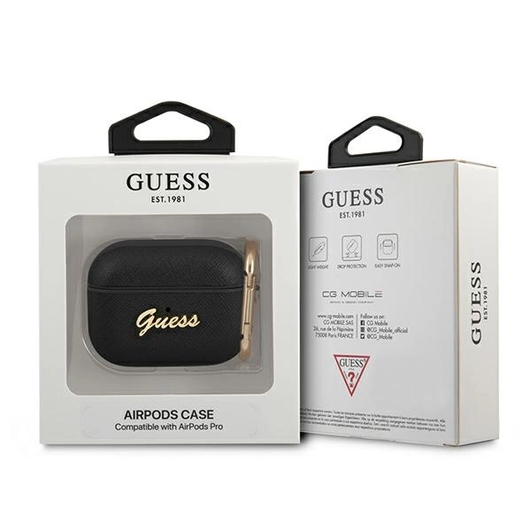Guess GUAPSASMK AirPods Pro cover black/black Saffiano Script Metal Collectioneng