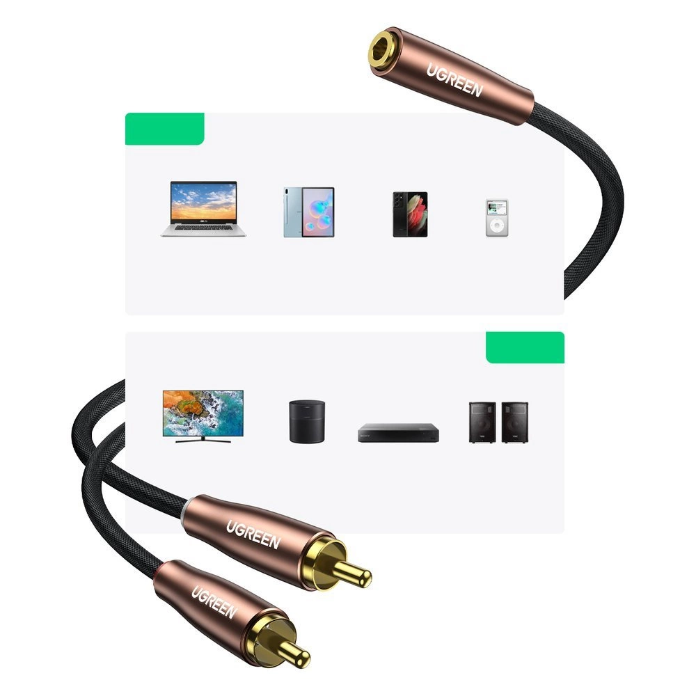 Ugreen cable audio cable 3.5mm mini jack (female) - 2RCA (male) 5m brown (AV198 60988)eng