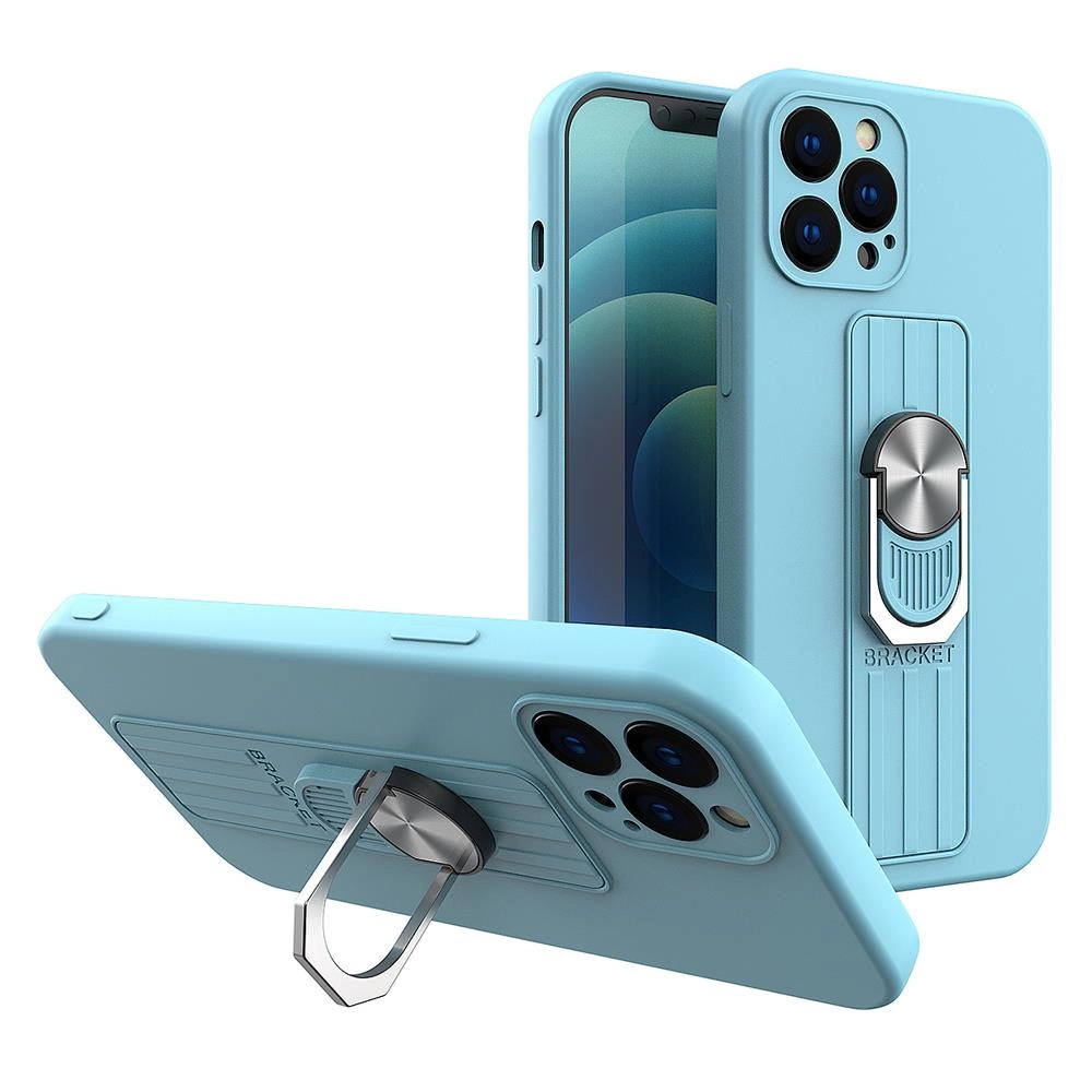 Ring Case silicone case with finger grip and stand for iPhone 12 Pro light blueeng