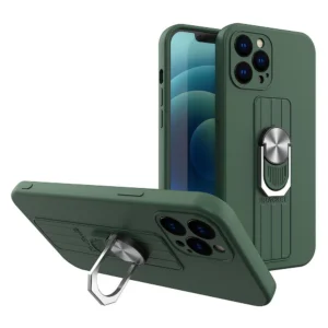 Ring Case silicone case with finger grip and stand for Samsung Galaxy A22 4G dark greeneng