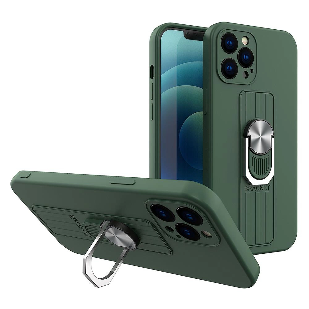 Ring Case silicone case with finger grip and stand for Samsung Galaxy A22 4G dark greeneng